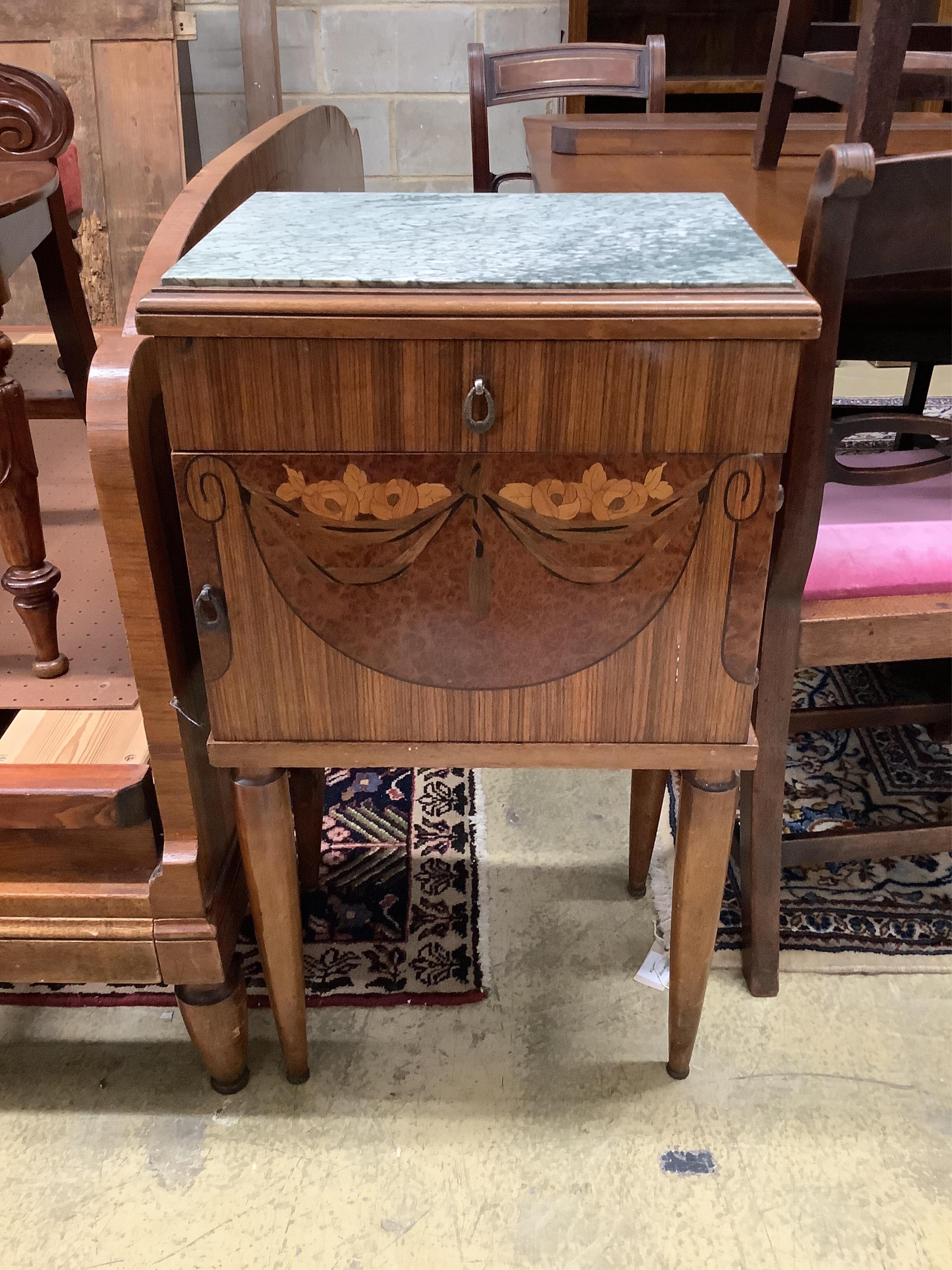 A French Art Deco walnut, amboyna and marquetry kingsize bed and a matching bedside cupboard, width 150cm, length 208cm, height 140cm. Condition - fair to good